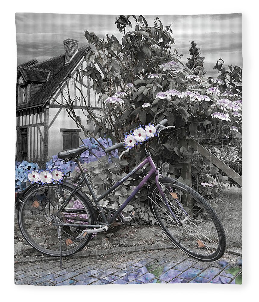 Austria Fleece Blanket featuring the photograph Summer Cycling in Flowers Black and White and Blues by Debra and Dave Vanderlaan