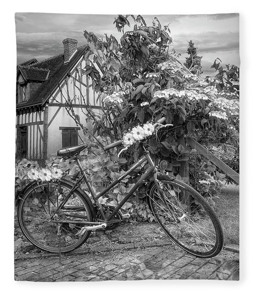 Barns Fleece Blanket featuring the photograph Summer Cycling in Flowers Black and White by Debra and Dave Vanderlaan