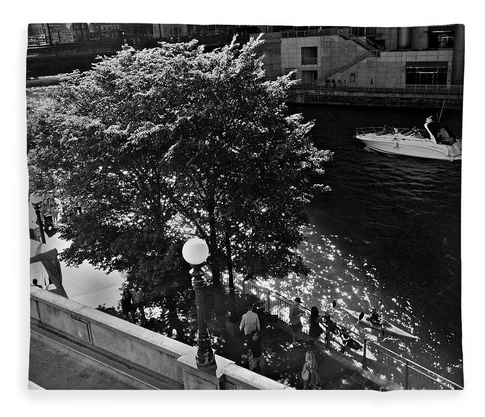 Urban Landscape Fleece Blanket featuring the photograph Summer Days on the Chicago River - Black and White by Frank J Casella