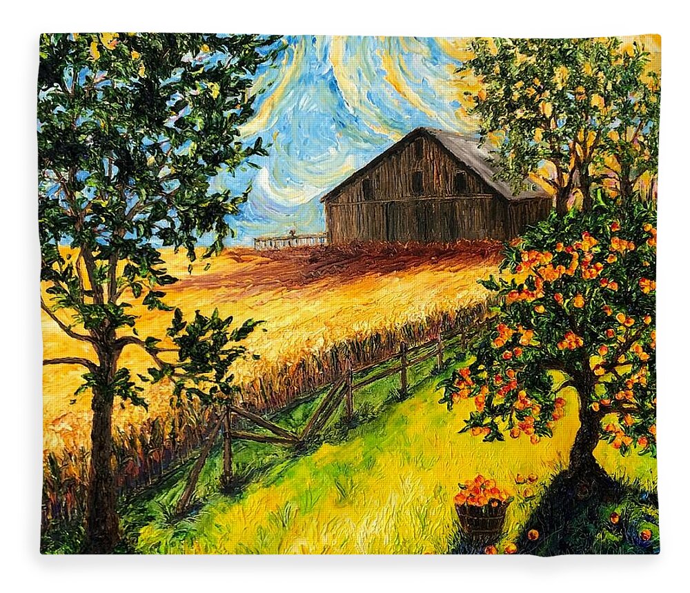 Barn Fleece Blanket featuring the painting Summer Harvest Barn by Paris Wyatt Llanso