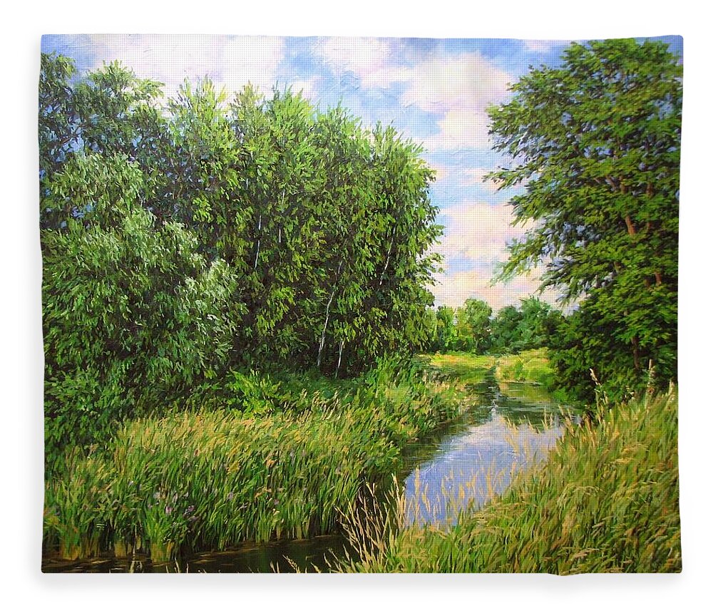 Summer Landscape Fleece Blanket featuring the painting Summer landscape 6 by Kastsov