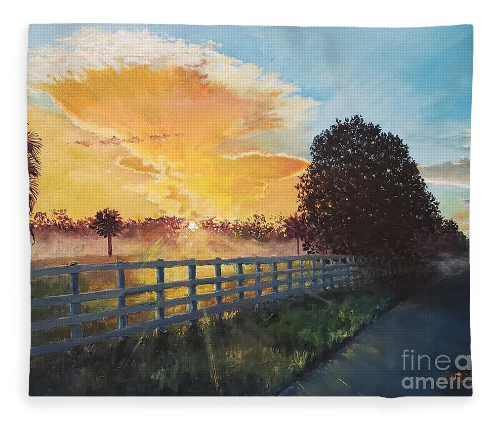Fence Fleece Blanket featuring the painting Summer Sunrise by Merana Cadorette