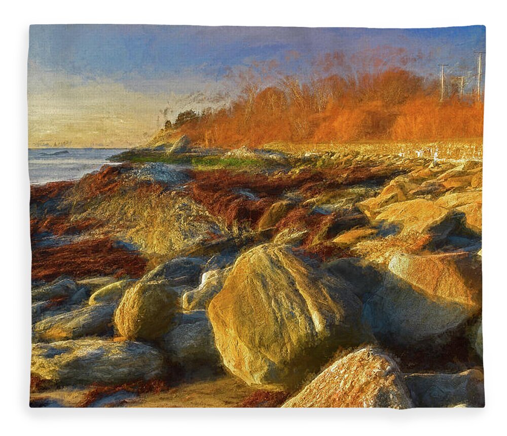 Rocks Fleece Blanket featuring the photograph Sun, Rocks, and Sachuest Beach by Nancy De Flon