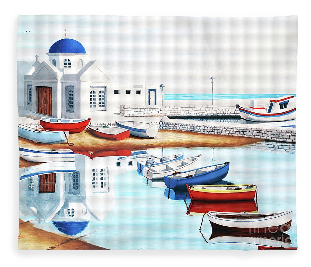 Mykonos Fleece Blanket featuring the painting SUNDAY, MORNING, MYKONOS BAY - Prints of Oil Painting by Mary Grden