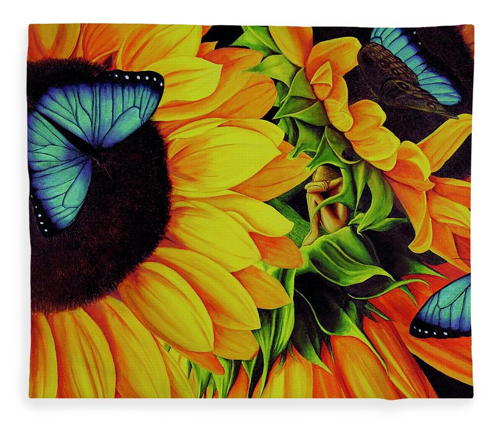 Kim Mcclinton Fleece Blanket featuring the painting Blue Morpho Sunflower Dream by Kim McClinton