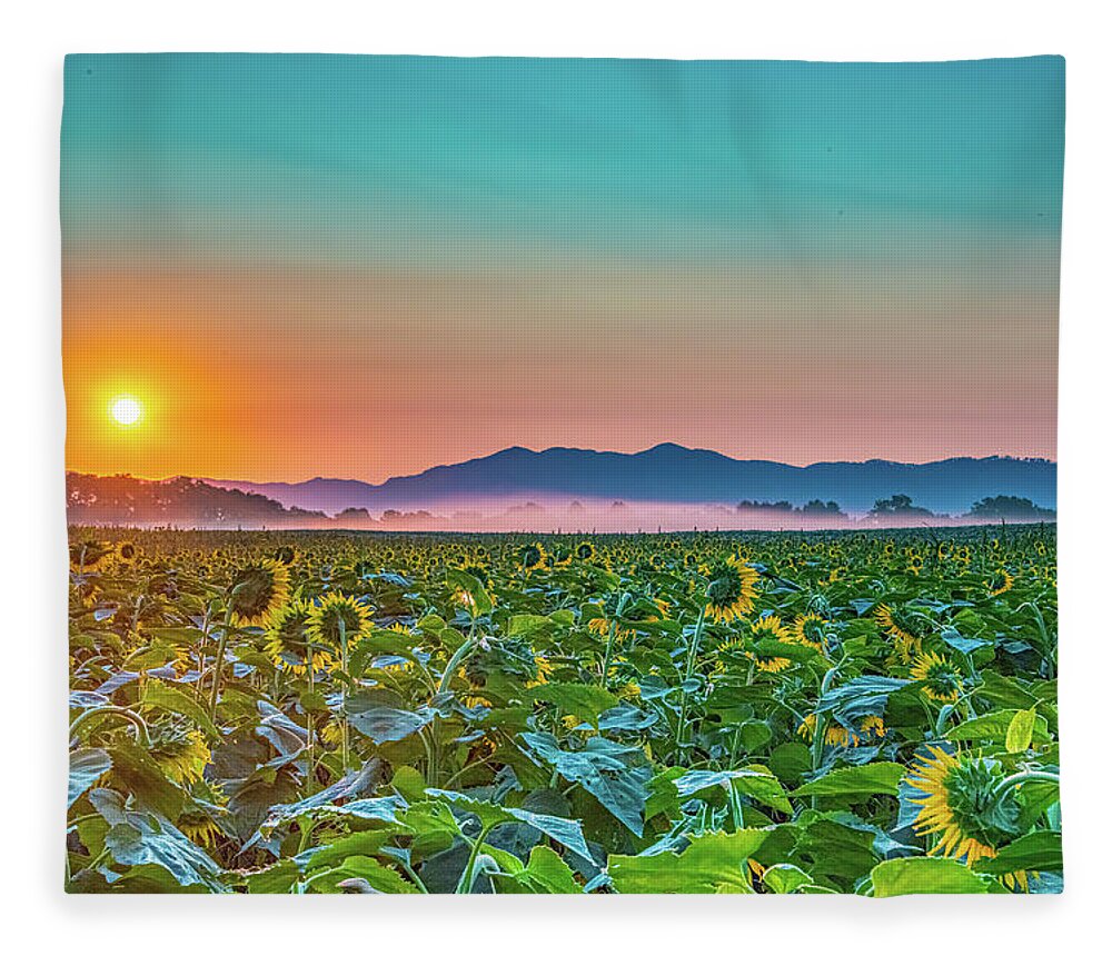 Flower Fleece Blanket featuring the photograph Sunflowers and Mountains by Douglas Wielfaert