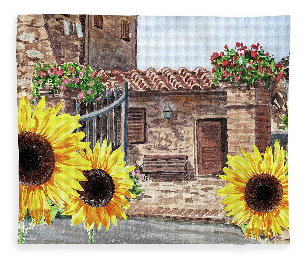 Sunflowers Fleece Blanket featuring the painting Sunflowers Of Tuscany Italy Vintage Town House In The Hills Watercolor by Irina Sztukowski
