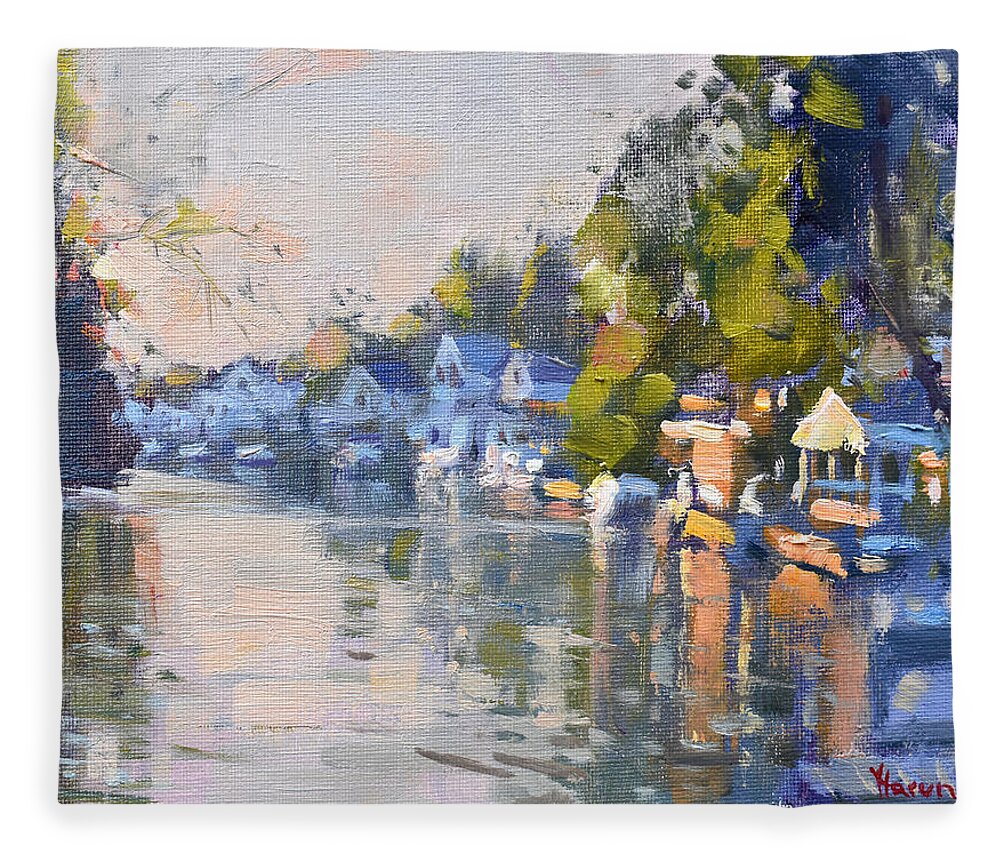 Sunlight Fleece Blanket featuring the painting Sunlight at the Canal by Ylli Haruni