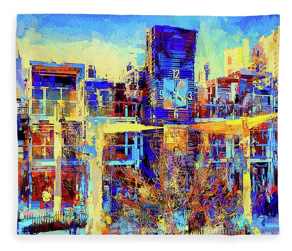 Container Park Fleece Blanket featuring the mixed media Sunny afternoon at the Container Park, Las Vegas by Tatiana Travelways