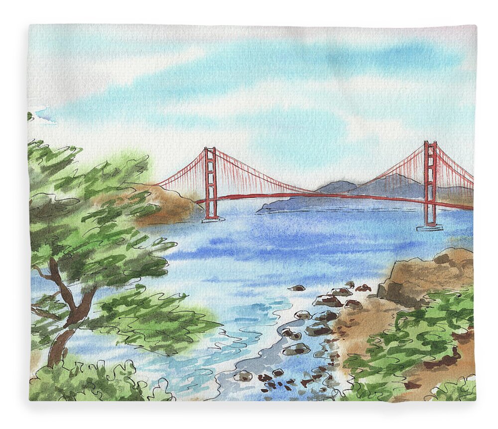 Golden Gate Fleece Blanket featuring the painting Sunny Day In San Francisco Bay Golden Gate Bridge Watercolor by Irina Sztukowski