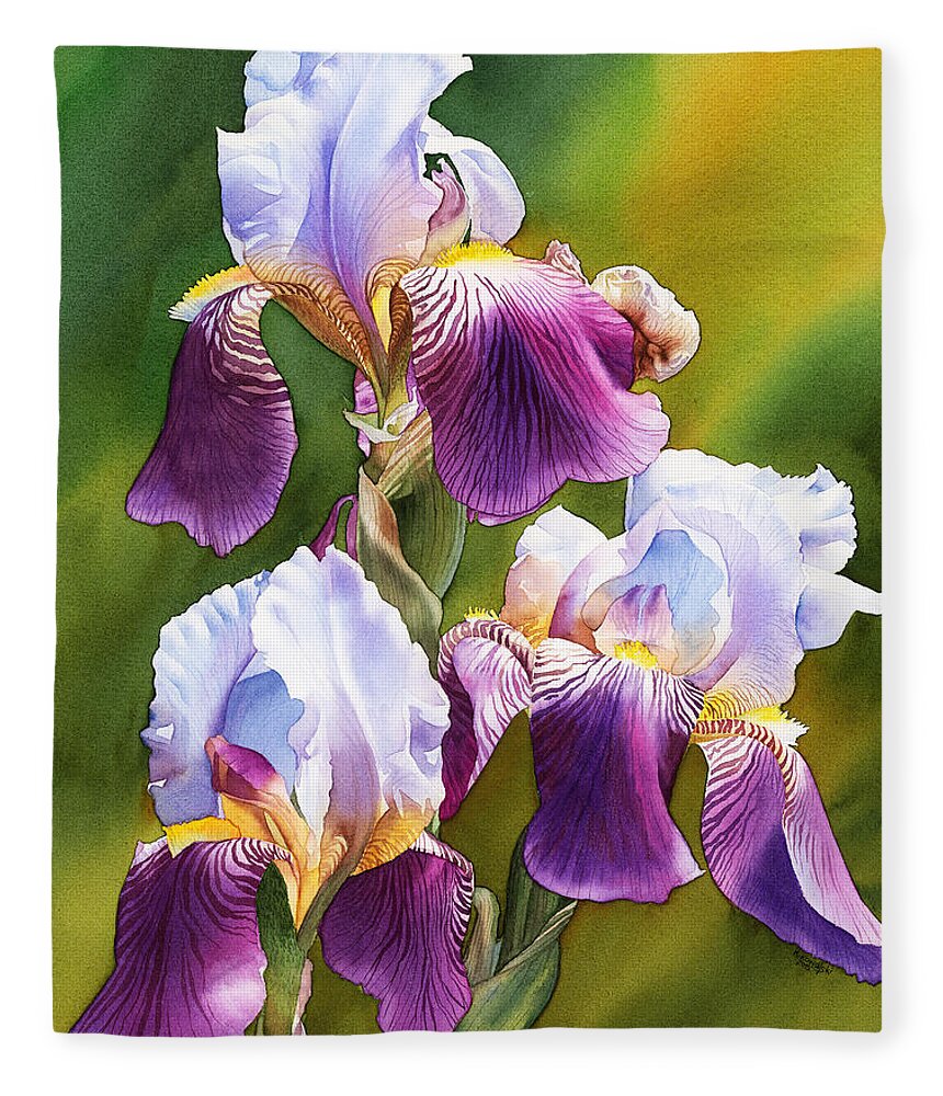 Iris Fleece Blanket featuring the painting Sunny Irises by Espero Art