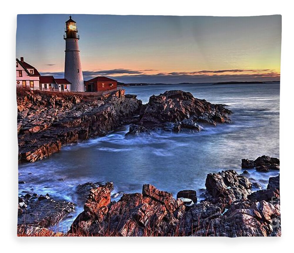 Portland Head Light Fleece Blanket featuring the photograph Sunrise at the Lighthouse by Steve Brown