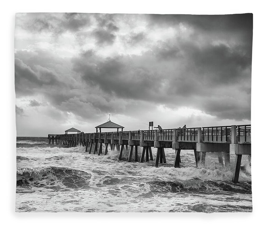 Pier Fleece Blanket featuring the photograph Sunrise Fishing at Juno Pier Bw by Laura Fasulo