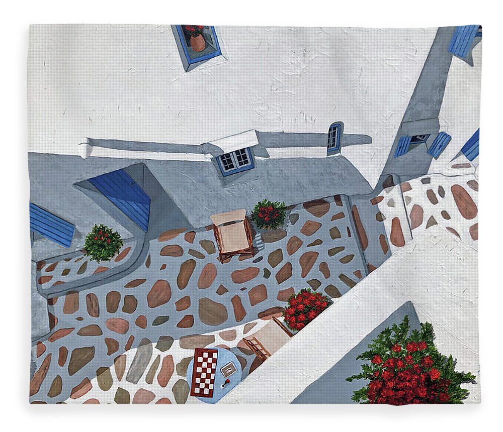 Mykonos Fleece Blanket featuring the painting SUNRISE IN MYKONOS -Prints of Oil Painting by Mary Grden