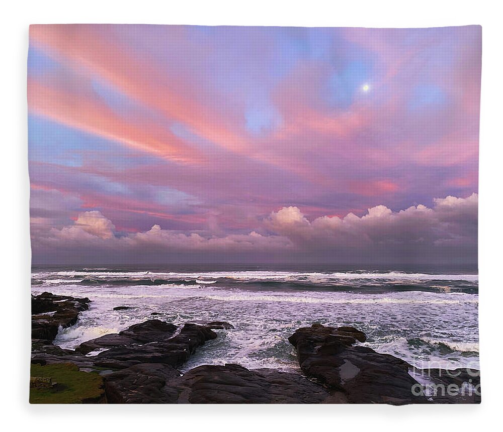 Oregon Coast Fleece Blanket featuring the photograph Sunrise, Moonset by Jeanette French