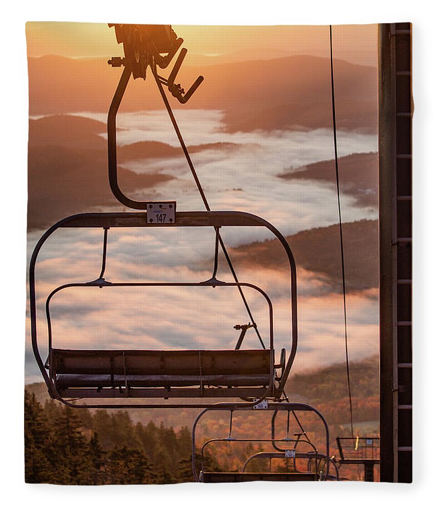Chair Lift Fleece Blanket featuring the photograph Sunrise on Okemo Mountain by Denise Kopko