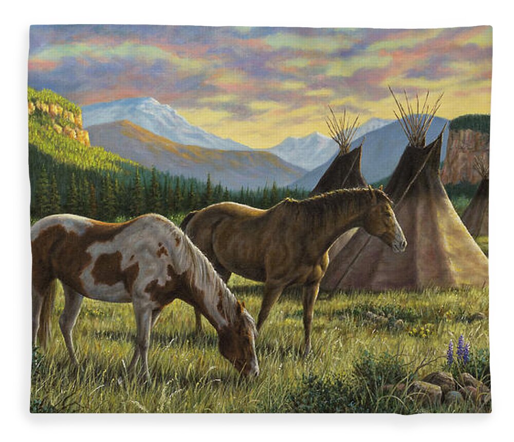 Native American Fleece Blanket featuring the painting Sunrise Over the Canyon by Kim Lockman