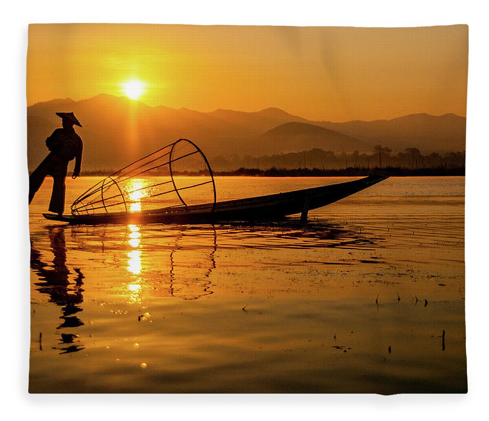 Inlelake Fleece Blanket featuring the photograph Sunset at Inle Lake by Arj Munoz