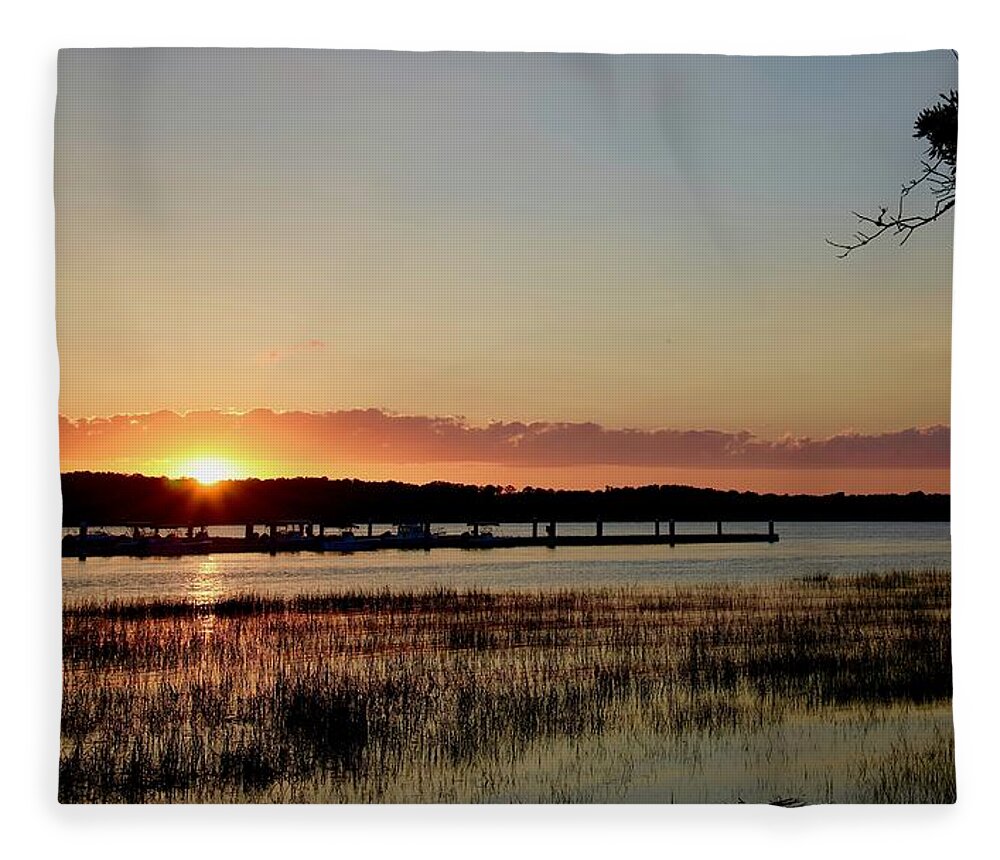 Orange Fleece Blanket featuring the photograph Sunset at Skull Creek Marina-2 by Dennis Schmidt