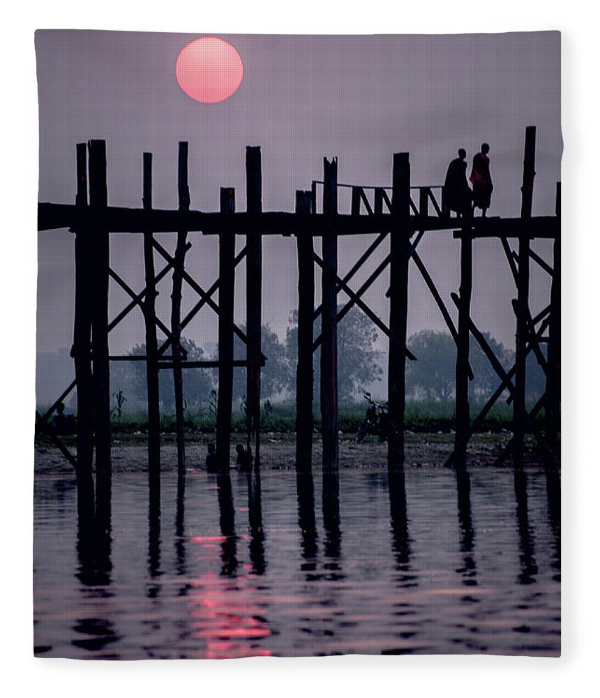 Mandalay Fleece Blanket featuring the photograph Sunset at U-Bein Bridge by Arj Munoz
