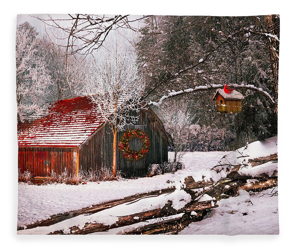 Barn Fleece Blanket featuring the photograph Sunset Barn in the Snow by Debra and Dave Vanderlaan
