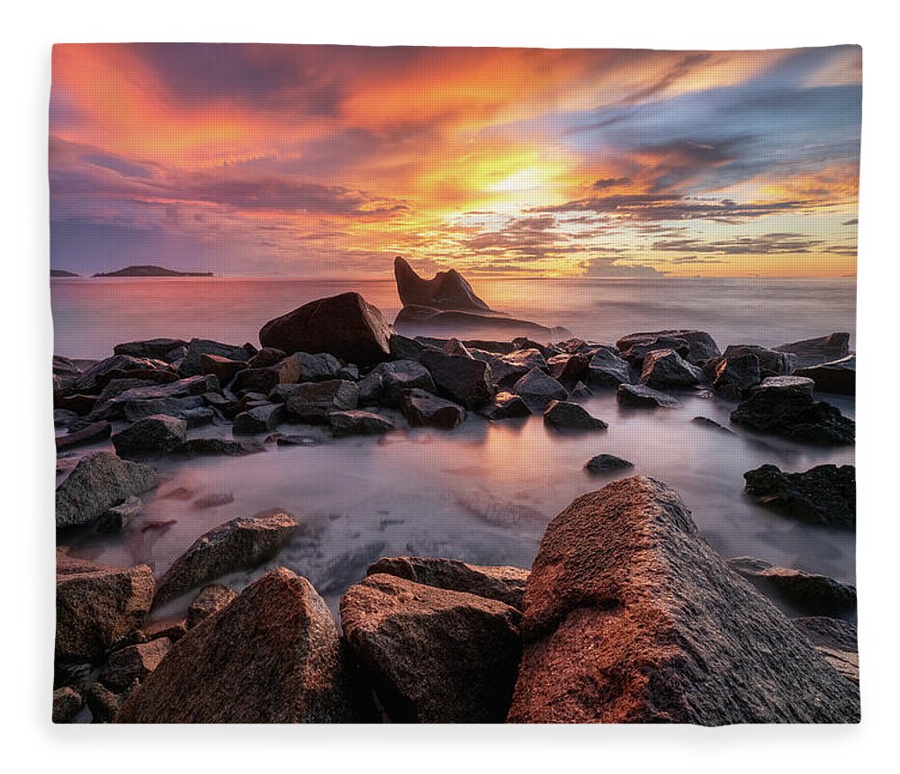 Rocks Fleece Blanket featuring the photograph Sunset beach by Erika Valkovicova