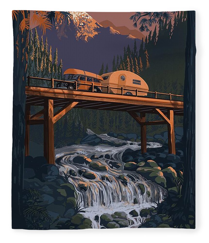 Retro Camping Fleece Blanket featuring the painting Sunset Camper by Sassan Filsoof