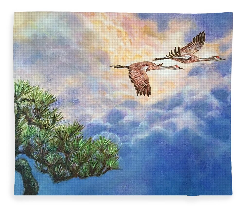Cranes Fleece Blanket featuring the painting Sunset Flight by Vina Yang