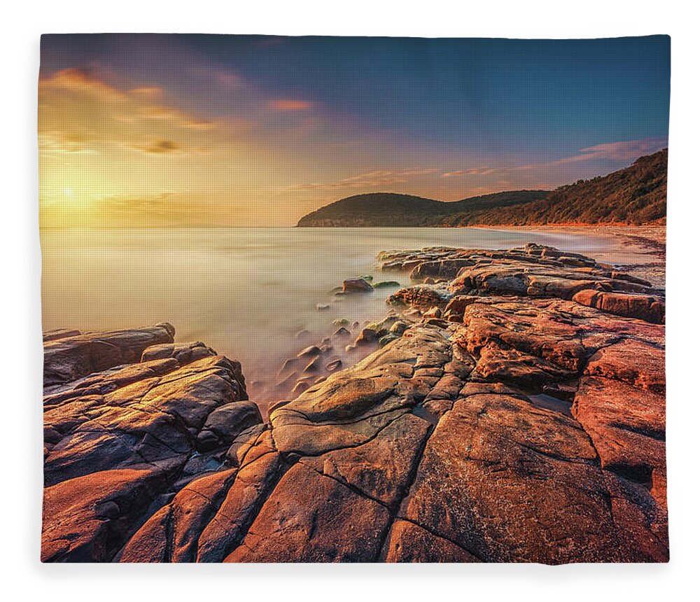 Beach Fleece Blanket featuring the photograph Sunset in Cala Violina Beach by Stefano Orazzini