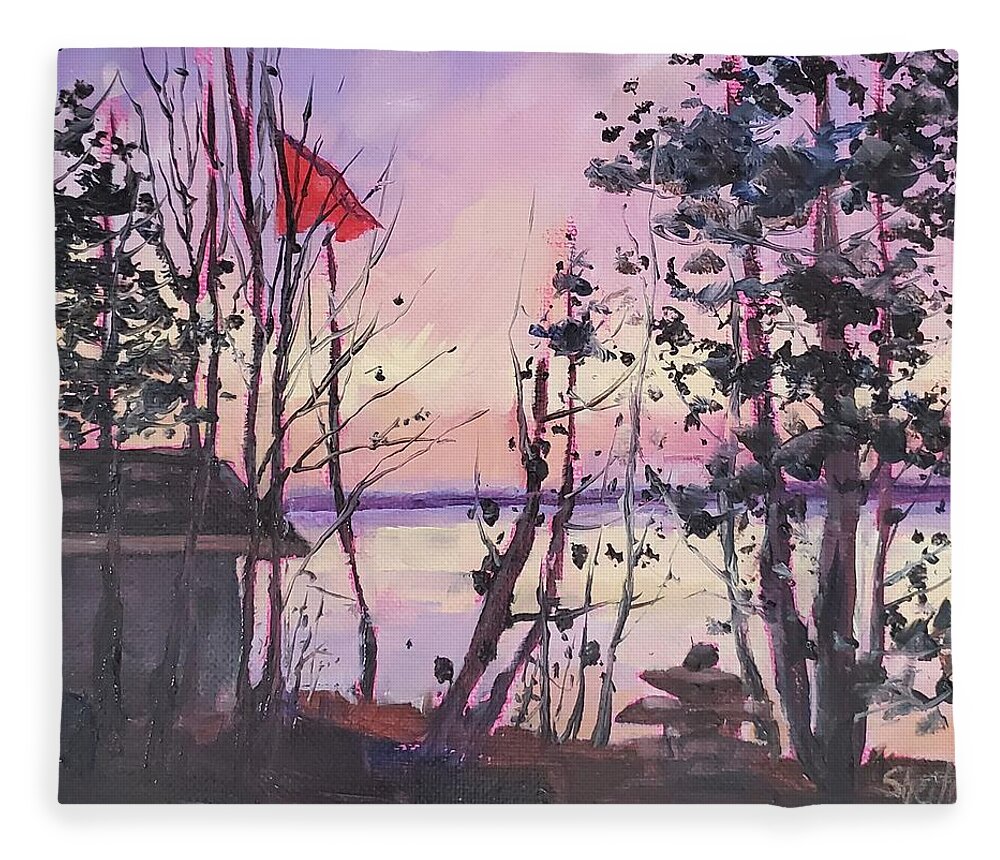Landscape Fleece Blanket featuring the painting Sunset Lakeside by Sheila Romard