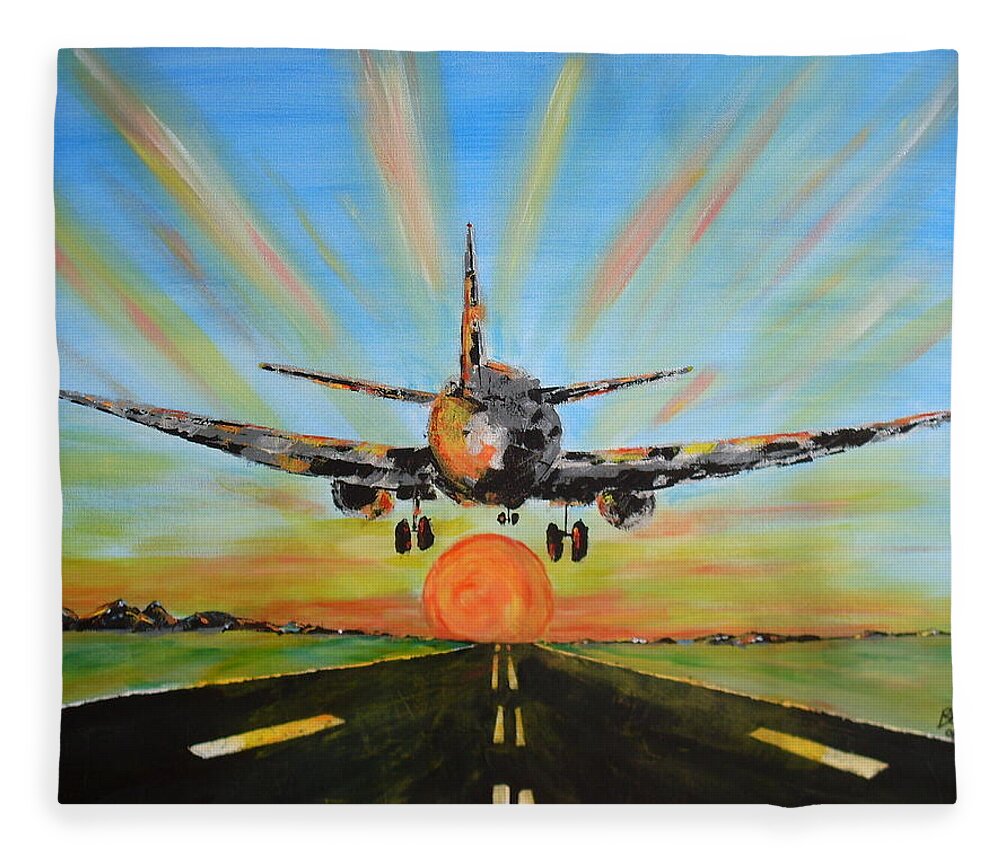Sunset Fleece Blanket featuring the painting Sunset Landing by Brent Knippel