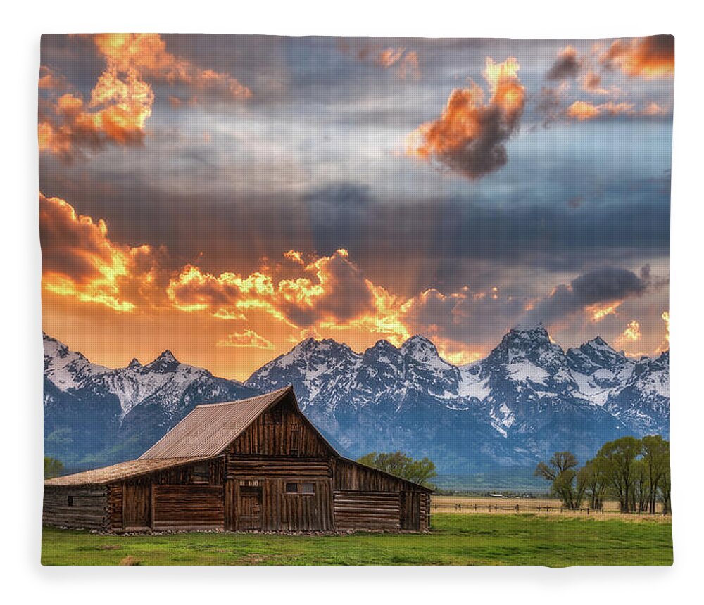 Sunset Fleece Blanket featuring the photograph Sunset on Fire - Moulton Barn by Darren White