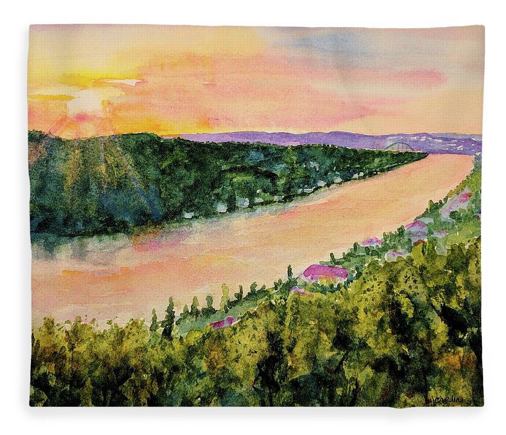 Texas Fleece Blanket featuring the painting Sunset on Mount Bonnell by Carlin Blahnik CarlinArtWatercolor