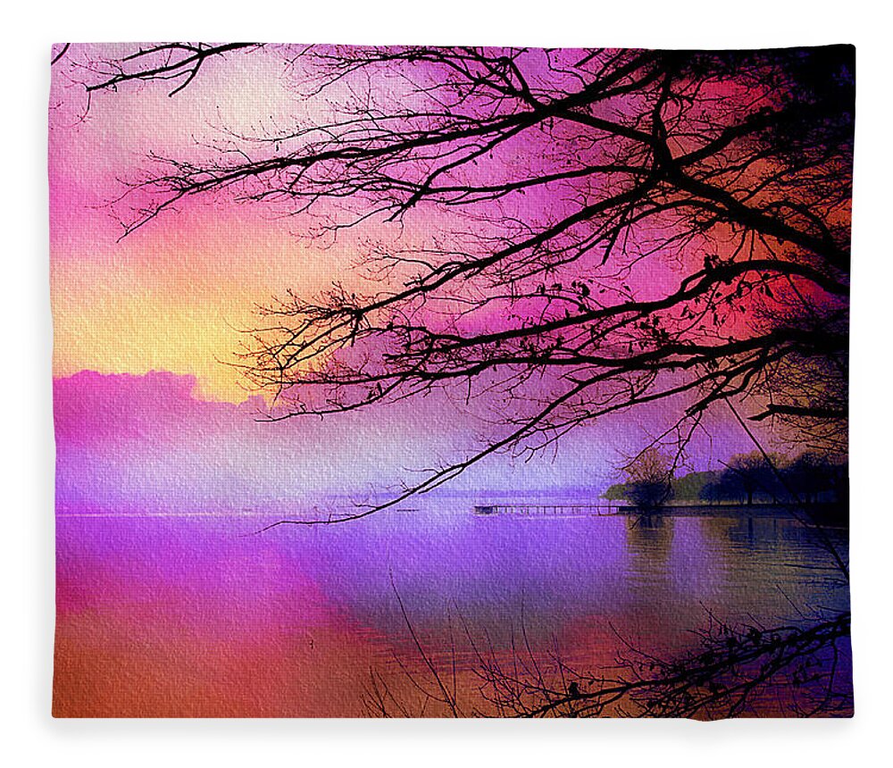 Sunset Fleece Blanket featuring the mixed media Sunset on the lake by Tatiana Travelways