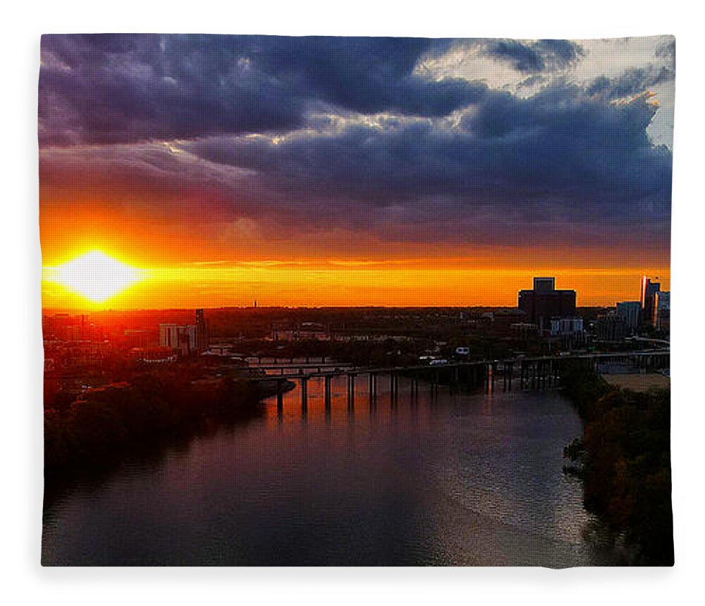  Fleece Blanket featuring the photograph Sunset over the James and city by Stephen Dorton