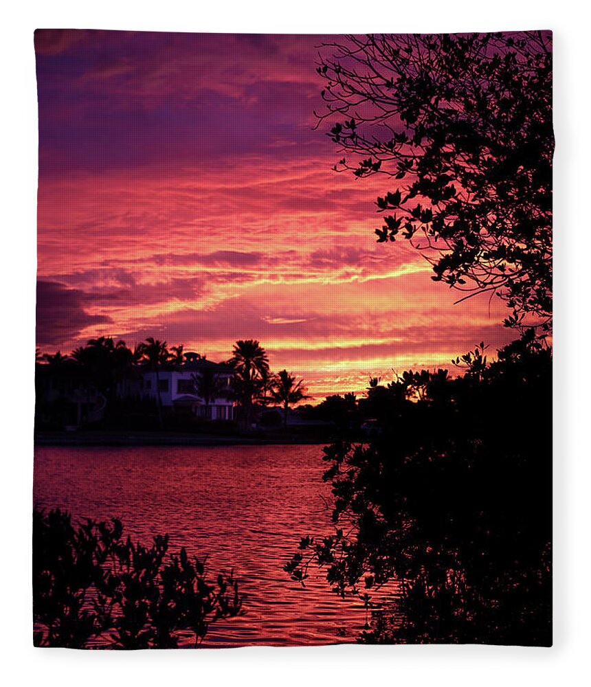 Sunset Fleece Blanket featuring the photograph Sunset Through Mangrove Trees by Laura Fasulo