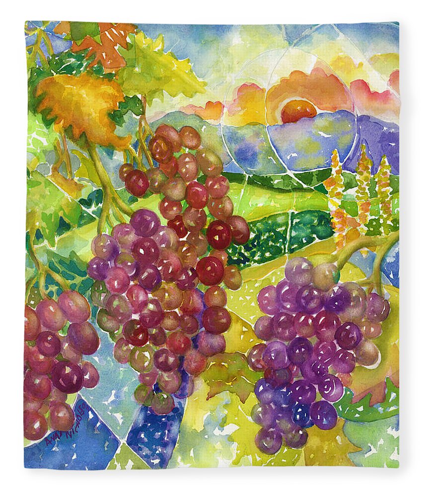 Grapes Fleece Blanket featuring the painting Sunset Vineyard by Ann Nicholson