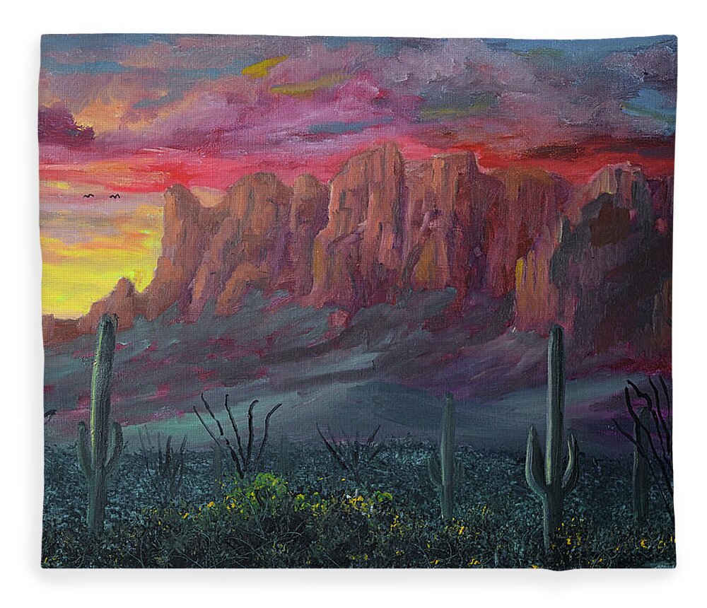 Superstition Mountains Fleece Blanket featuring the painting Superstition Mountains Sunrise by Chance Kafka