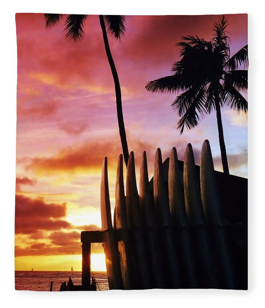 Hawaii Fleece Blanket featuring the photograph Surfboard Sunset by DJ Florek