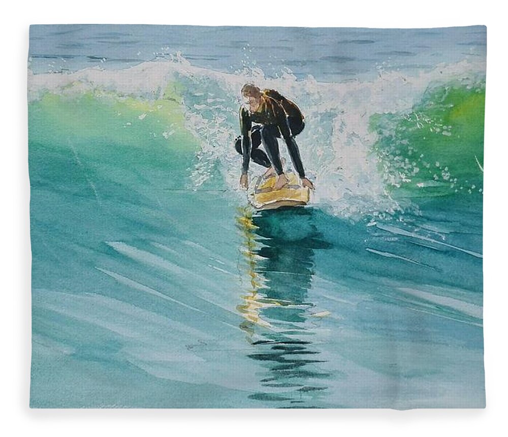Surfer Fleece Blanket featuring the painting Surfing Portugal by Sandie Croft