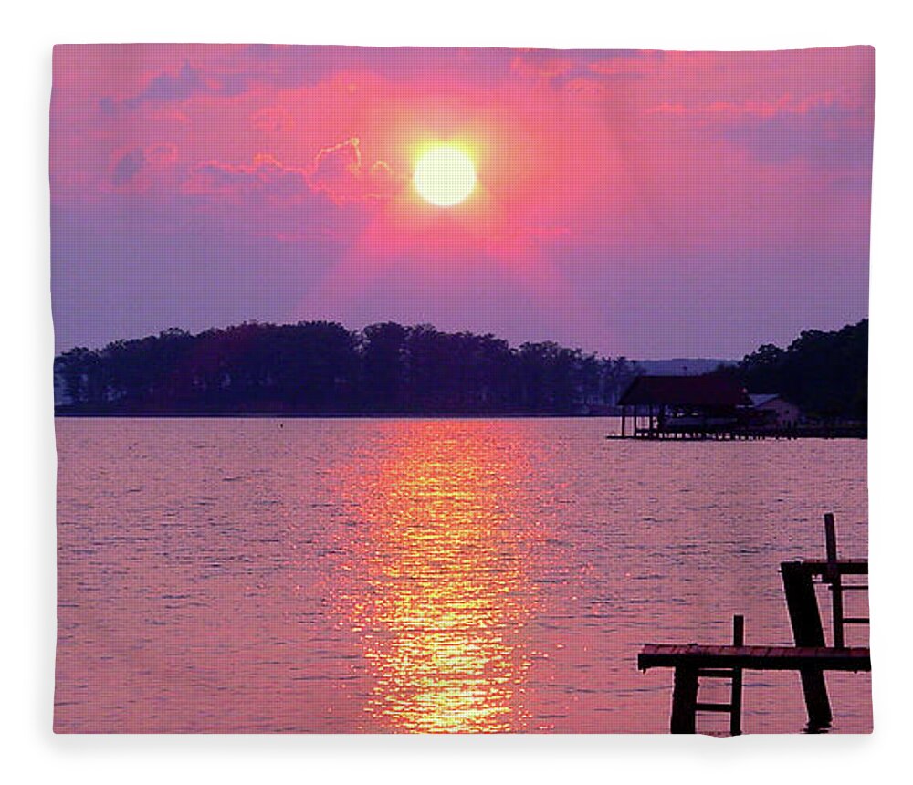 Smith Mountain Lake Sunset Fleece Blanket featuring the photograph Surreal Smith Mountain Lake Sunset by The James Roney Collection