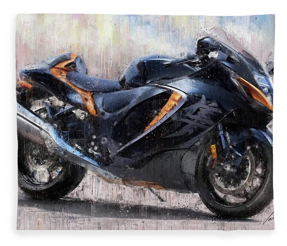 Motorcycle Fleece Blanket featuring the painting SUZUKI HAYABUSA GSX1300R Motorcycles by Vart by Vart