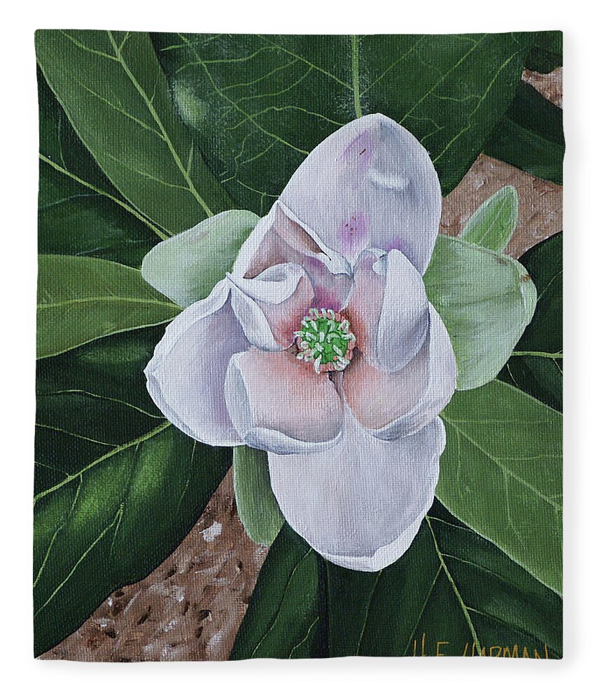 Sweetbay Magnolia Fleece Blanket featuring the painting Sweetbay Magnolia by Heather E Harman