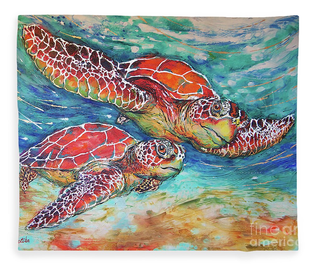  Fleece Blanket featuring the painting Splendid Sea Turtles by Jyotika Shroff