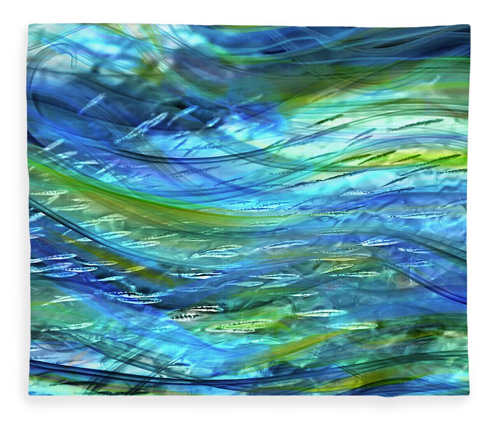 Blue Green Abstract Fleece Blanket featuring the digital art Swimming with Fishes by Peggy Collins