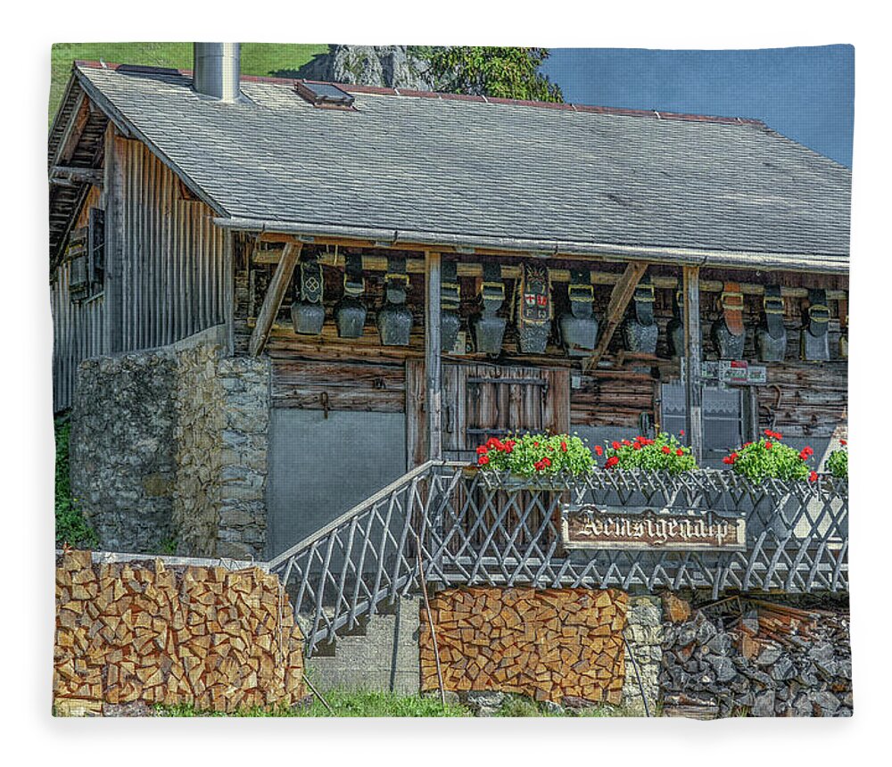 Cottage Fleece Blanket featuring the photograph Swiss Alpine Charm and Cow Bells by Marcy Wielfaert