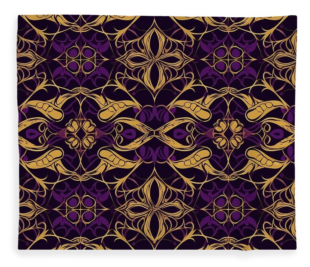 Symmetrical Purple And Gold Pattern Fleece Blanket featuring the digital art Symmetrical Purple and Gold Pattern #1 by Britten Adams