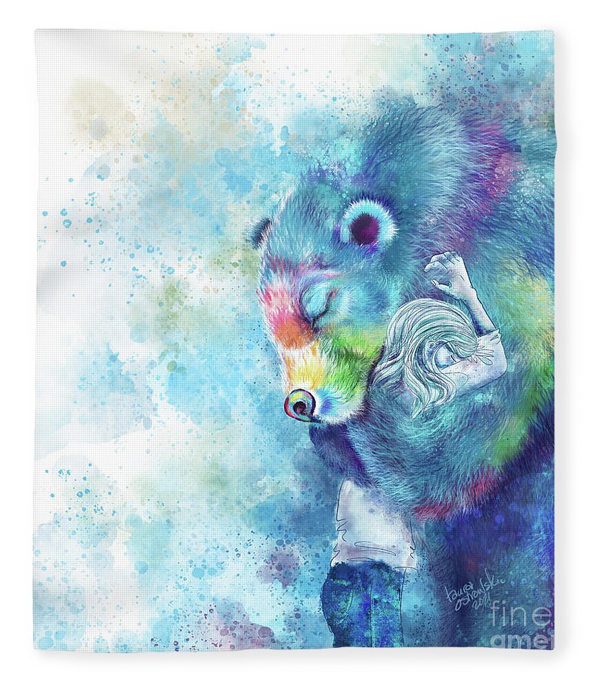 Bear Fleece Blanket featuring the digital art Sympathy Bear Hug - White by Laura Ostrowski