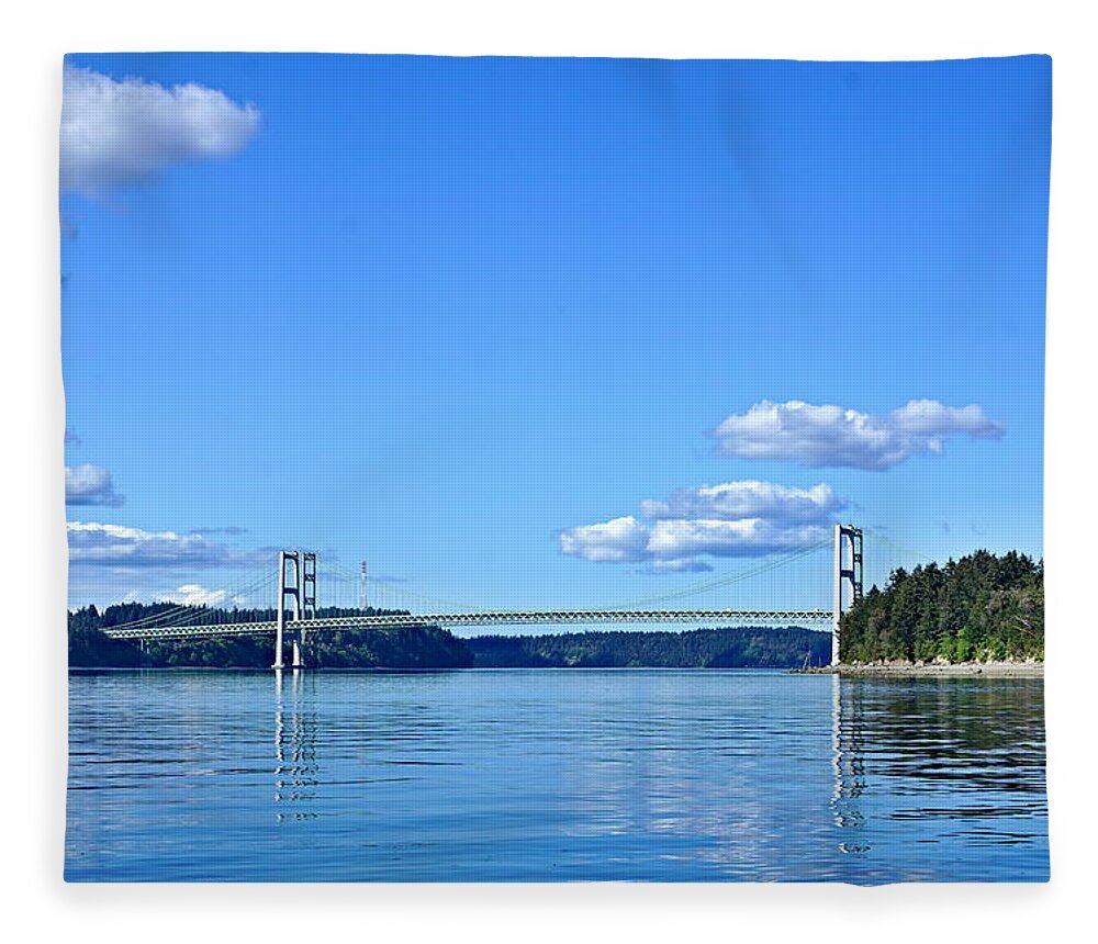 Landscape Fleece Blanket featuring the photograph Tacoma Narrows Bridge by Bill TALICH