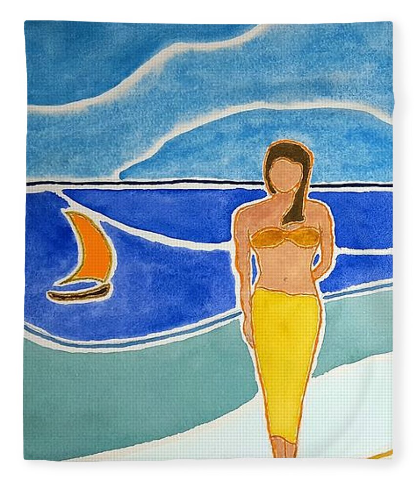 Watercolor Fleece Blanket featuring the painting Tahitian Shore by John Klobucher